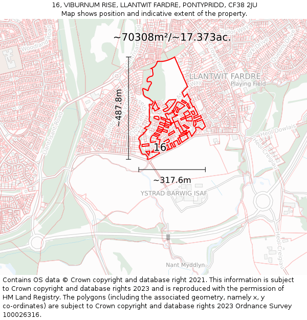 16, VIBURNUM RISE, LLANTWIT FARDRE, PONTYPRIDD, CF38 2JU: Plot and title map