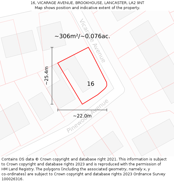 16, VICARAGE AVENUE, BROOKHOUSE, LANCASTER, LA2 9NT: Plot and title map