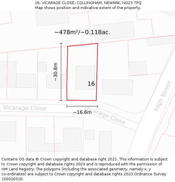 16, VICARAGE CLOSE, COLLINGHAM, NEWARK, NG23 7PQ: Plot and title map