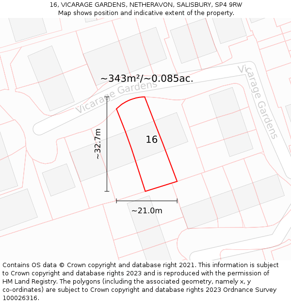 16, VICARAGE GARDENS, NETHERAVON, SALISBURY, SP4 9RW: Plot and title map