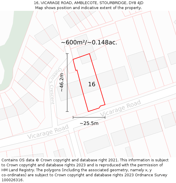 16, VICARAGE ROAD, AMBLECOTE, STOURBRIDGE, DY8 4JD: Plot and title map