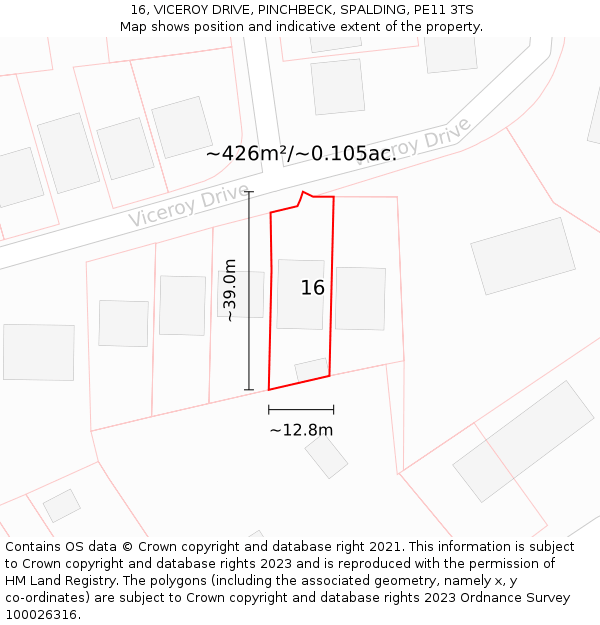 16, VICEROY DRIVE, PINCHBECK, SPALDING, PE11 3TS: Plot and title map