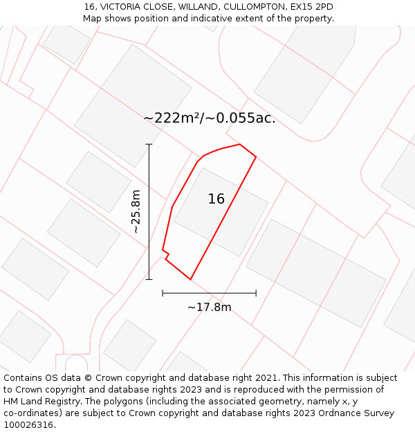 16, VICTORIA CLOSE, WILLAND, CULLOMPTON, EX15 2PD: Plot and title map