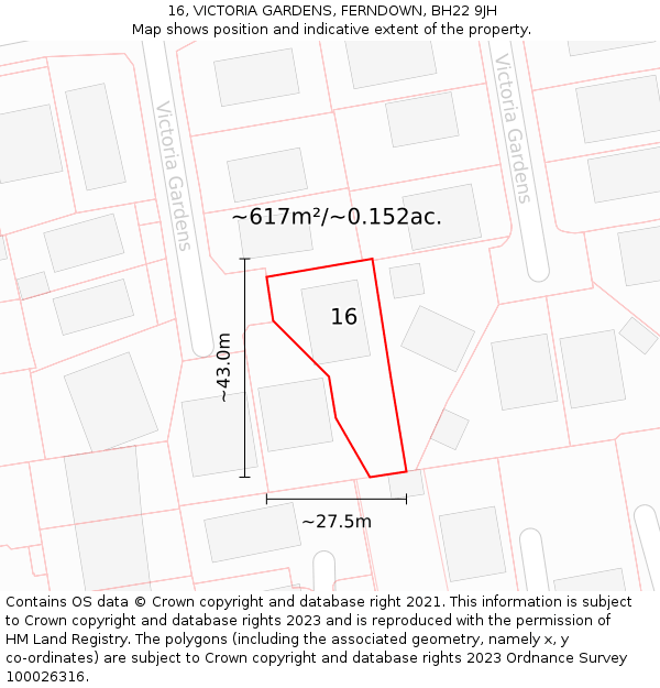 16, VICTORIA GARDENS, FERNDOWN, BH22 9JH: Plot and title map