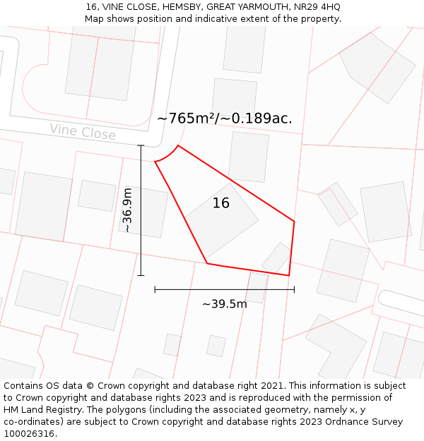 16, VINE CLOSE, HEMSBY, GREAT YARMOUTH, NR29 4HQ: Plot and title map