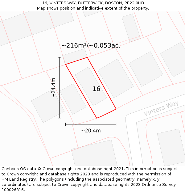 16, VINTERS WAY, BUTTERWICK, BOSTON, PE22 0HB: Plot and title map