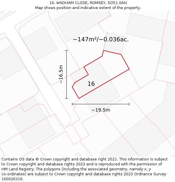 16, WADHAM CLOSE, ROMSEY, SO51 0AN: Plot and title map