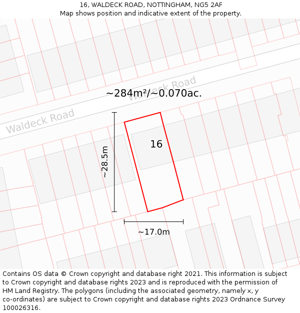 16, WALDECK ROAD, NOTTINGHAM, NG5 2AF: Plot and title map