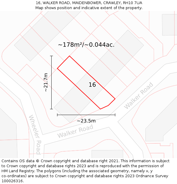 16, WALKER ROAD, MAIDENBOWER, CRAWLEY, RH10 7UA: Plot and title map