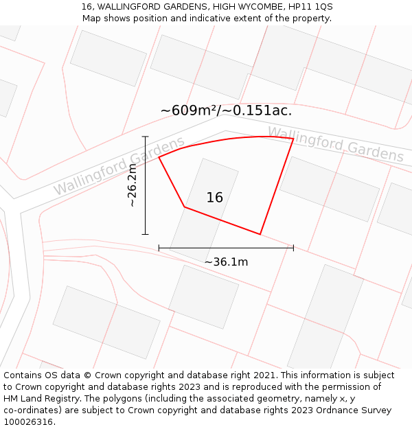 16, WALLINGFORD GARDENS, HIGH WYCOMBE, HP11 1QS: Plot and title map