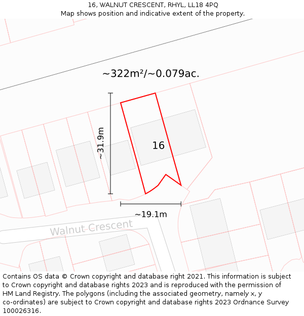 16, WALNUT CRESCENT, RHYL, LL18 4PQ: Plot and title map