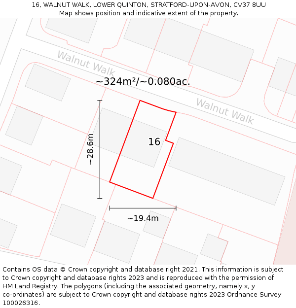 16, WALNUT WALK, LOWER QUINTON, STRATFORD-UPON-AVON, CV37 8UU: Plot and title map