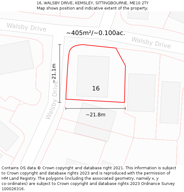 16, WALSBY DRIVE, KEMSLEY, SITTINGBOURNE, ME10 2TY: Plot and title map