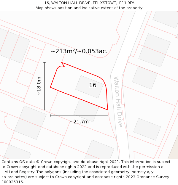 16, WALTON HALL DRIVE, FELIXSTOWE, IP11 9FA: Plot and title map