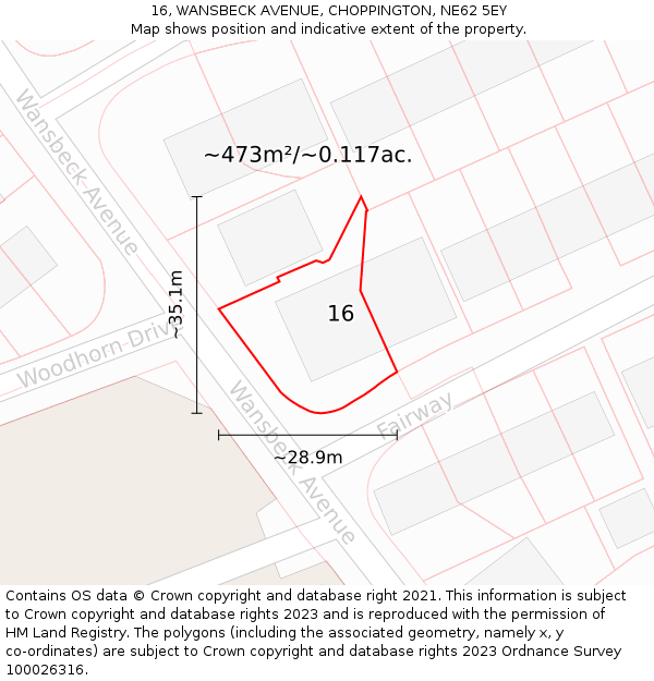 16, WANSBECK AVENUE, CHOPPINGTON, NE62 5EY: Plot and title map