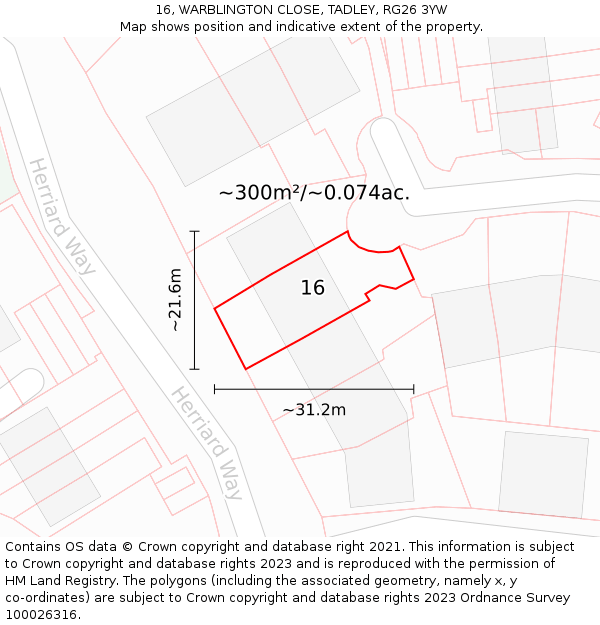 16, WARBLINGTON CLOSE, TADLEY, RG26 3YW: Plot and title map