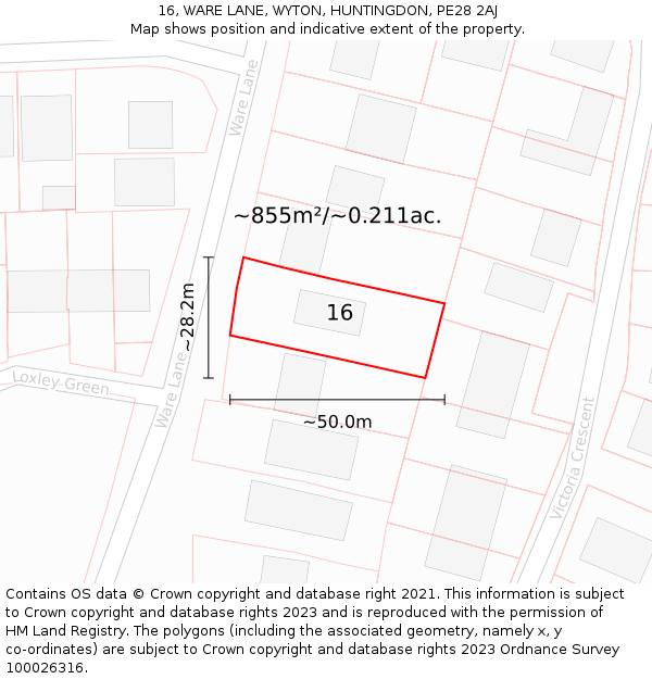 16, WARE LANE, WYTON, HUNTINGDON, PE28 2AJ: Plot and title map