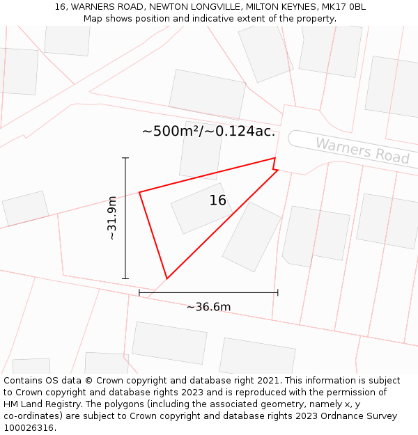 16, WARNERS ROAD, NEWTON LONGVILLE, MILTON KEYNES, MK17 0BL: Plot and title map