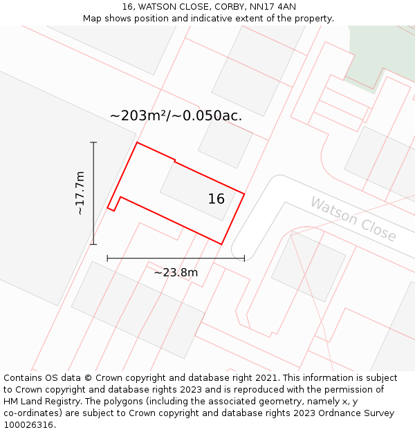 16, WATSON CLOSE, CORBY, NN17 4AN: Plot and title map