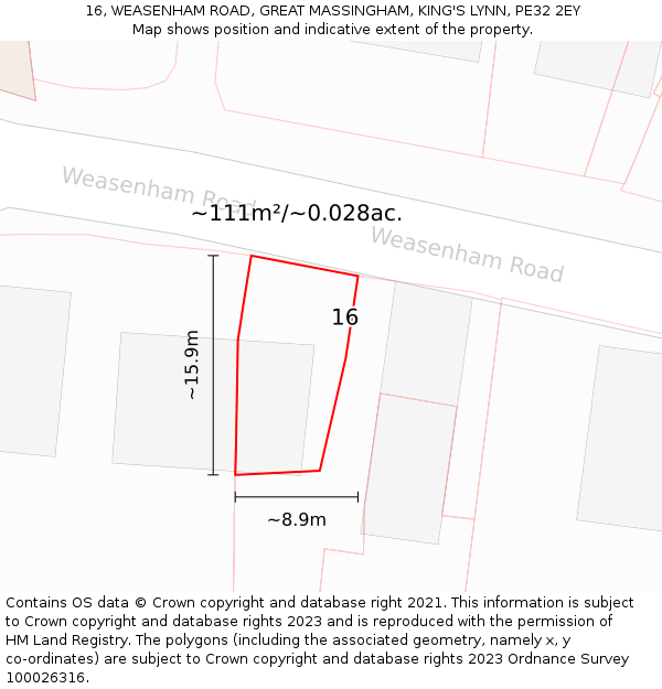 16, WEASENHAM ROAD, GREAT MASSINGHAM, KING'S LYNN, PE32 2EY: Plot and title map