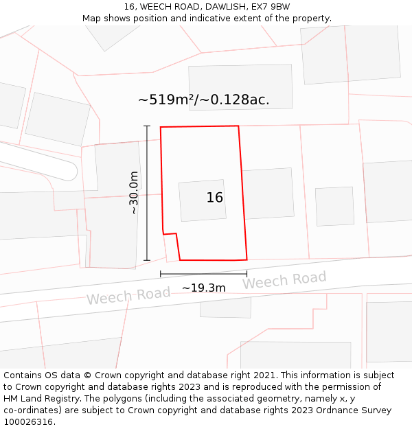 16, WEECH ROAD, DAWLISH, EX7 9BW: Plot and title map