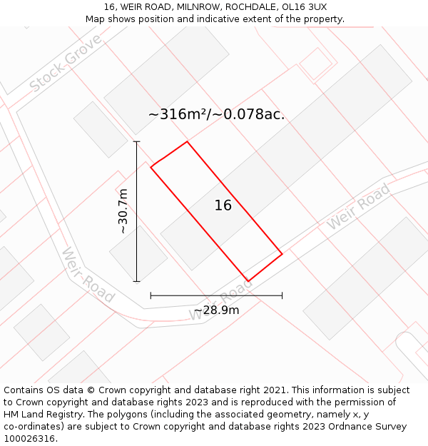 16, WEIR ROAD, MILNROW, ROCHDALE, OL16 3UX: Plot and title map