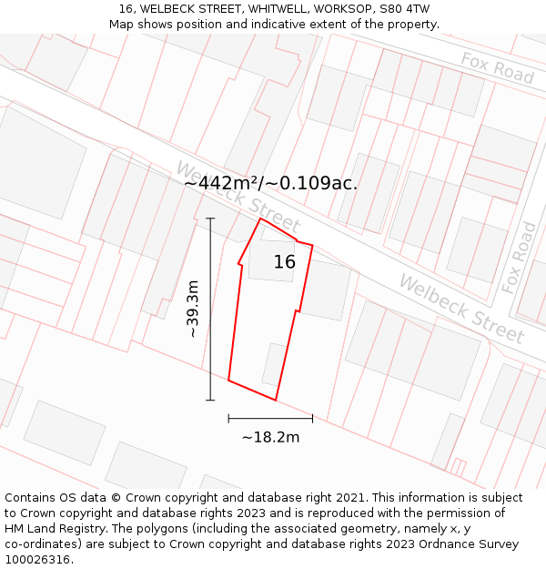 16, WELBECK STREET, WHITWELL, WORKSOP, S80 4TW: Plot and title map