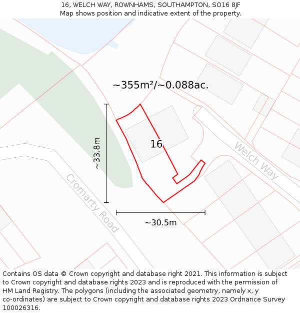 16, WELCH WAY, ROWNHAMS, SOUTHAMPTON, SO16 8JF: Plot and title map