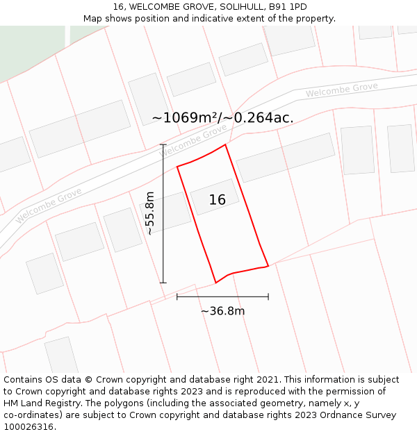 16, WELCOMBE GROVE, SOLIHULL, B91 1PD: Plot and title map