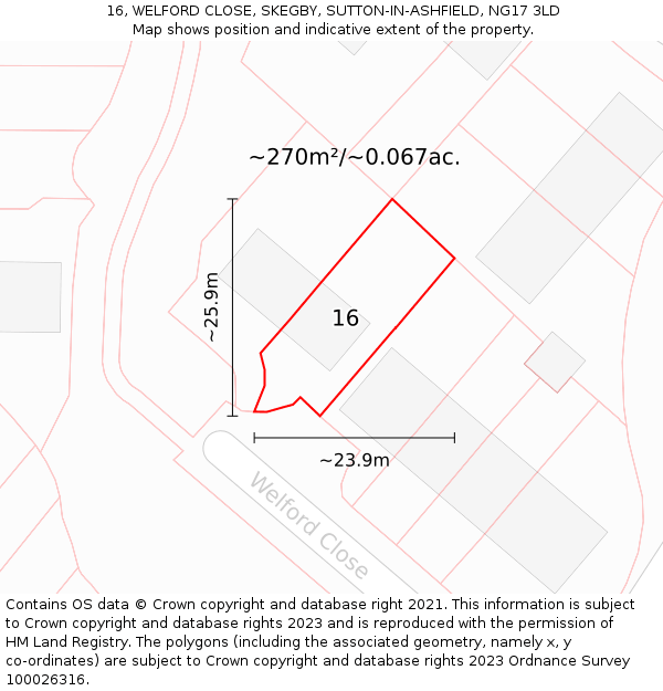 16, WELFORD CLOSE, SKEGBY, SUTTON-IN-ASHFIELD, NG17 3LD: Plot and title map