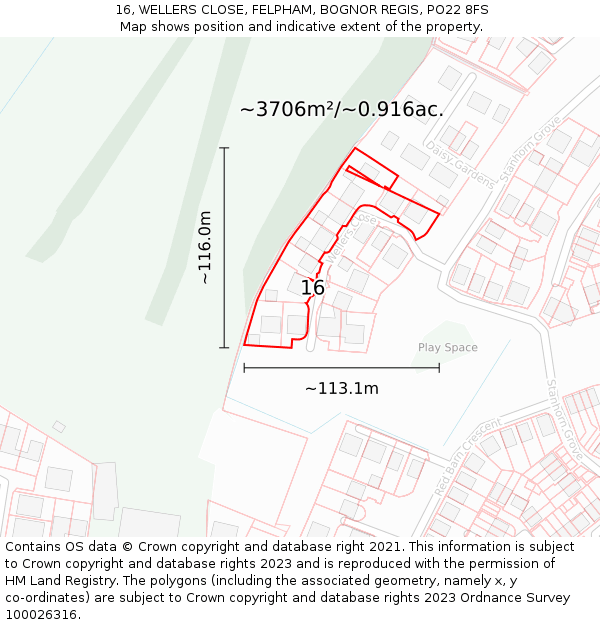 16, WELLERS CLOSE, FELPHAM, BOGNOR REGIS, PO22 8FS: Plot and title map