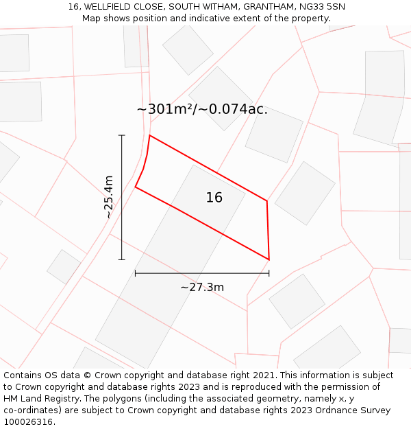 16, WELLFIELD CLOSE, SOUTH WITHAM, GRANTHAM, NG33 5SN: Plot and title map