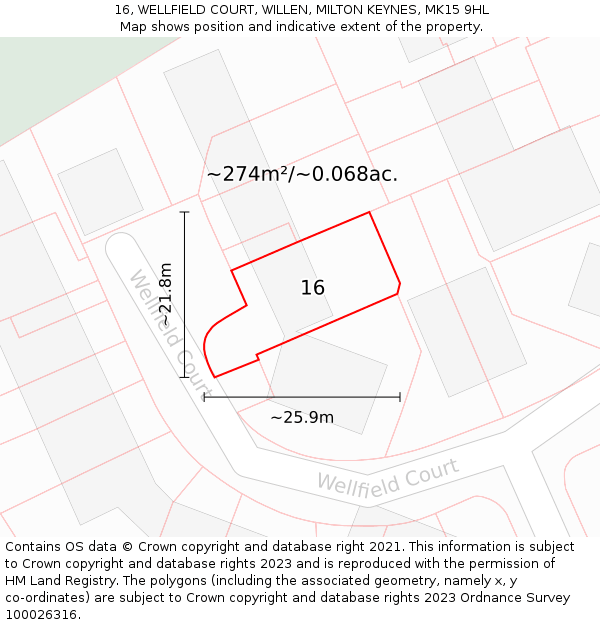 16, WELLFIELD COURT, WILLEN, MILTON KEYNES, MK15 9HL: Plot and title map