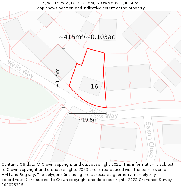 16, WELLS WAY, DEBENHAM, STOWMARKET, IP14 6SL: Plot and title map