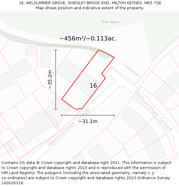 16, WELSUMMER GROVE, SHENLEY BROOK END, MILTON KEYNES, MK5 7GE: Plot and title map