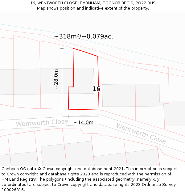 16, WENTWORTH CLOSE, BARNHAM, BOGNOR REGIS, PO22 0HS: Plot and title map