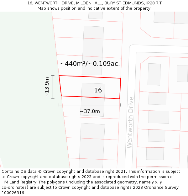 16, WENTWORTH DRIVE, MILDENHALL, BURY ST EDMUNDS, IP28 7JT: Plot and title map