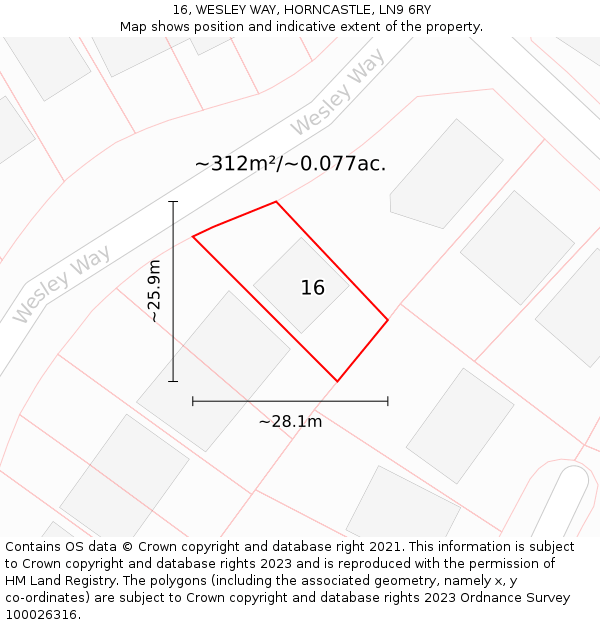 16, WESLEY WAY, HORNCASTLE, LN9 6RY: Plot and title map