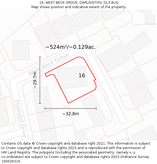 16, WEST BECK GROVE, DARLINGTON, DL3 8UQ: Plot and title map