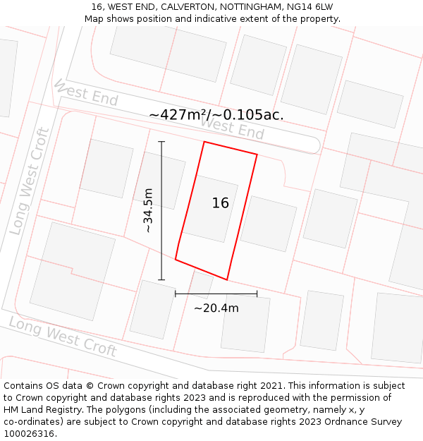 16, WEST END, CALVERTON, NOTTINGHAM, NG14 6LW: Plot and title map