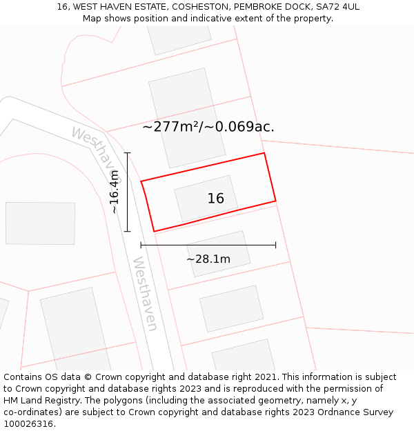 16, WEST HAVEN ESTATE, COSHESTON, PEMBROKE DOCK, SA72 4UL: Plot and title map