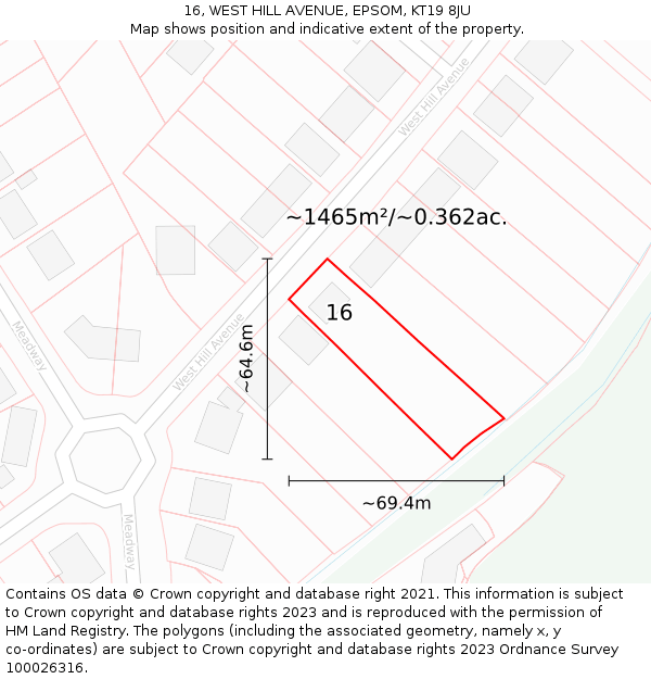 16, WEST HILL AVENUE, EPSOM, KT19 8JU: Plot and title map