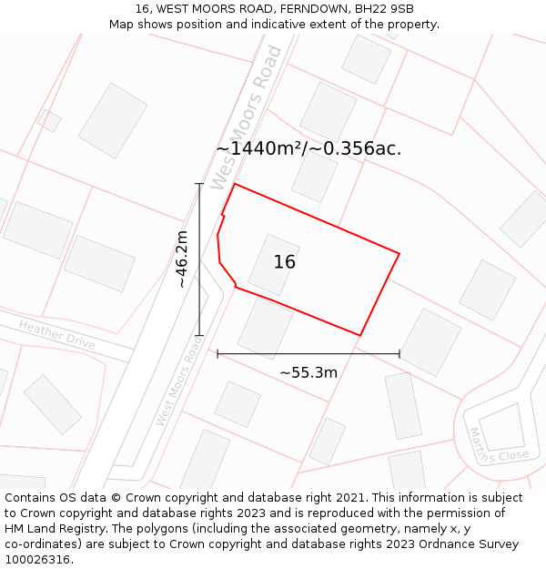 16, WEST MOORS ROAD, FERNDOWN, BH22 9SB: Plot and title map