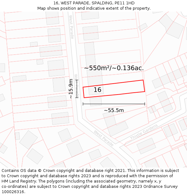 16, WEST PARADE, SPALDING, PE11 1HD: Plot and title map
