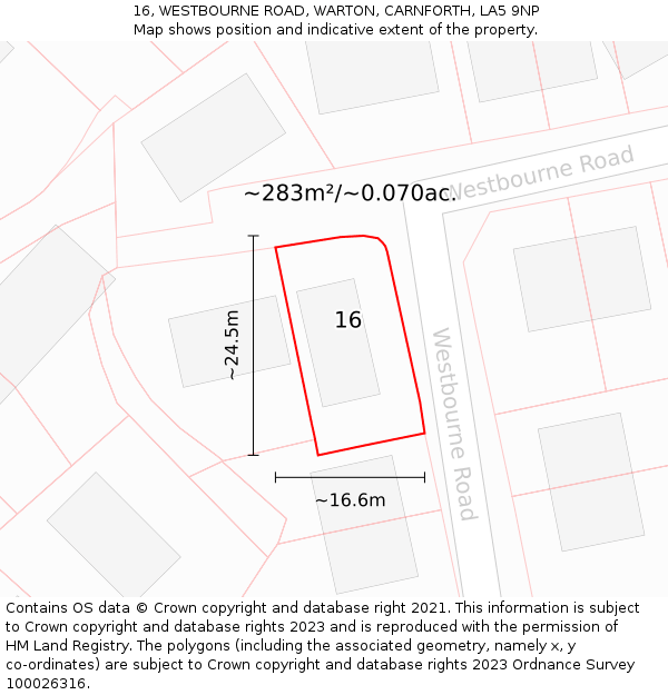 16, WESTBOURNE ROAD, WARTON, CARNFORTH, LA5 9NP: Plot and title map