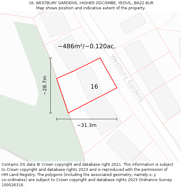 16, WESTBURY GARDENS, HIGHER ODCOMBE, YEOVIL, BA22 8UR: Plot and title map