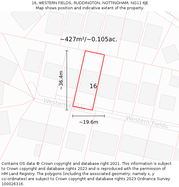 16, WESTERN FIELDS, RUDDINGTON, NOTTINGHAM, NG11 6JE: Plot and title map