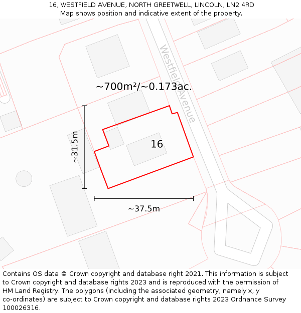 16, WESTFIELD AVENUE, NORTH GREETWELL, LINCOLN, LN2 4RD: Plot and title map