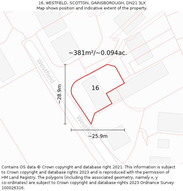 16, WESTFIELD, SCOTTON, GAINSBOROUGH, DN21 3LX: Plot and title map
