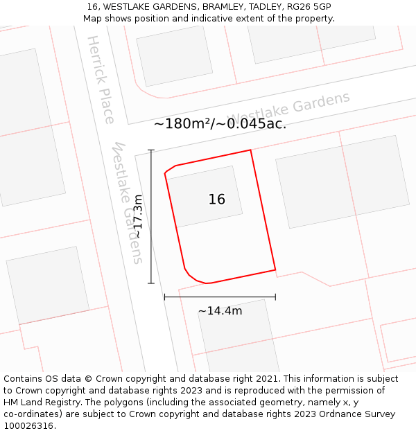 16, WESTLAKE GARDENS, BRAMLEY, TADLEY, RG26 5GP: Plot and title map